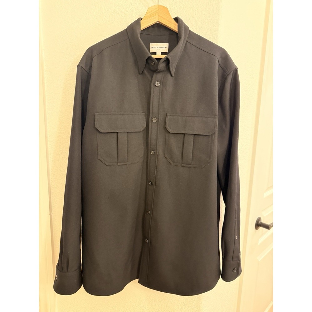 MSRP $490 Teddy Vonranson Men's Black Modern Military Button-Up Wool Shirt Sz XL